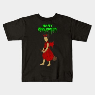 Happy halloween witch on broom green Kids T-Shirt